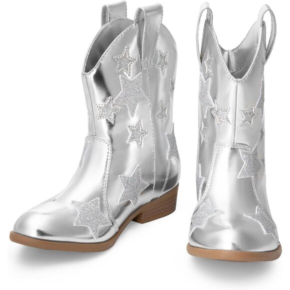 Girls Silver Cowgirl Mid Calf Glitter Western Boots Toddler Star Riding Shoes - Picture 5 of 6